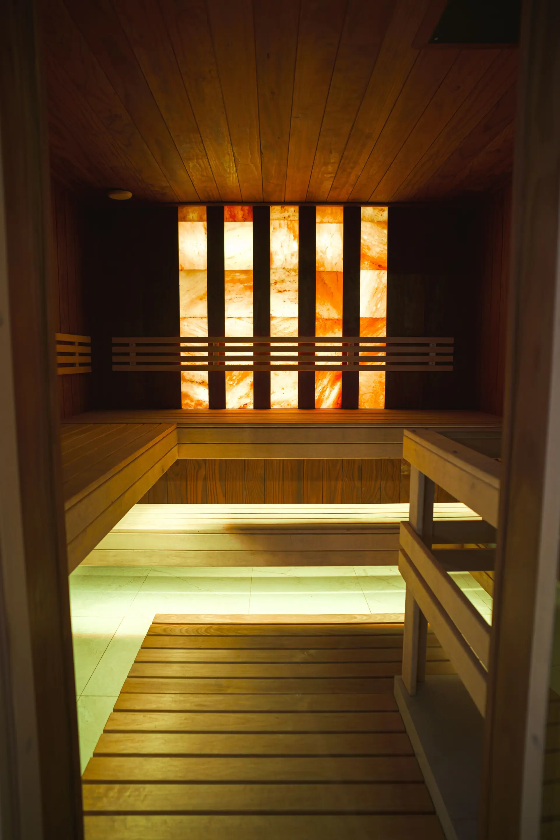 Modern sauna with salt wall