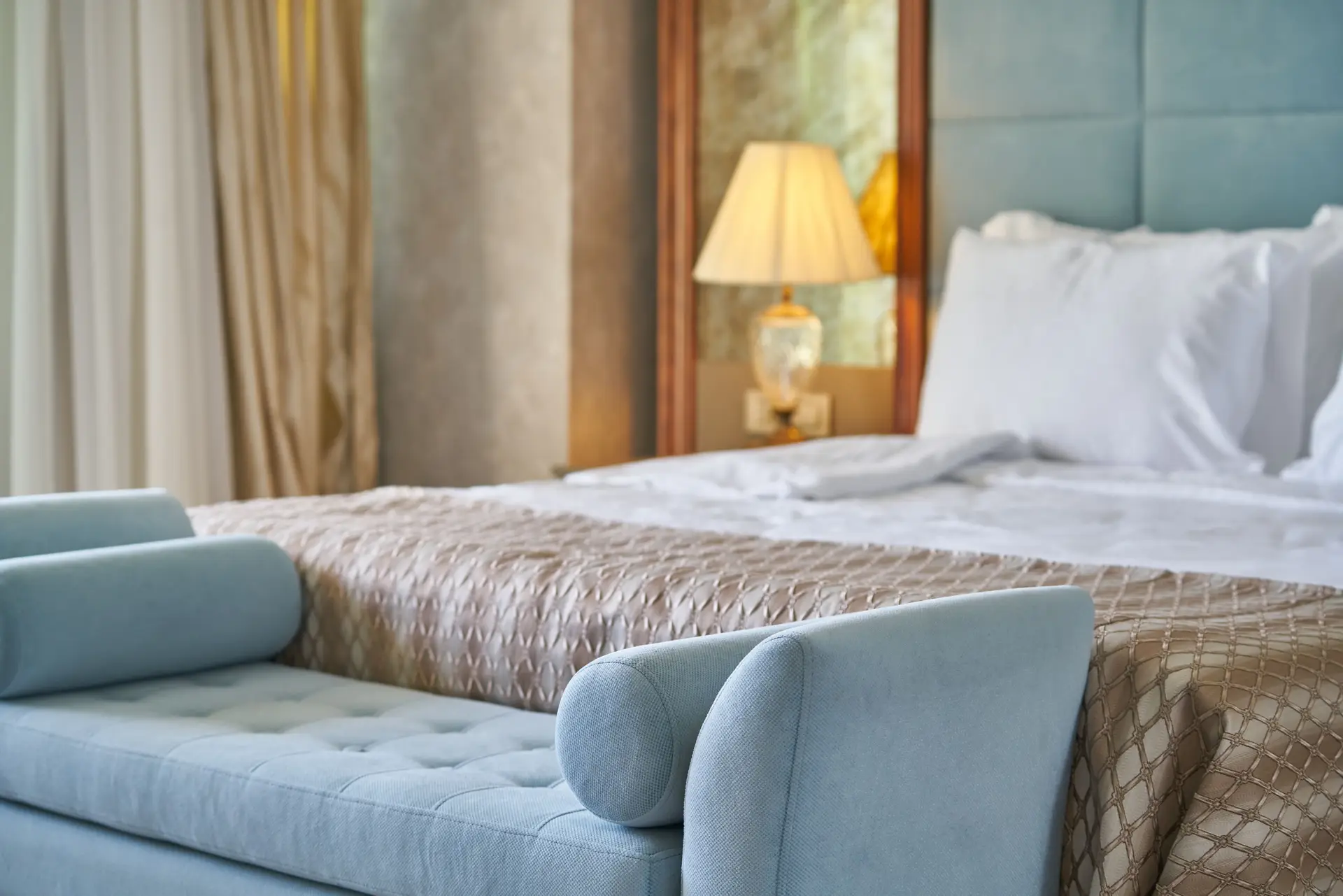 Detailed view of plush bedding and decor